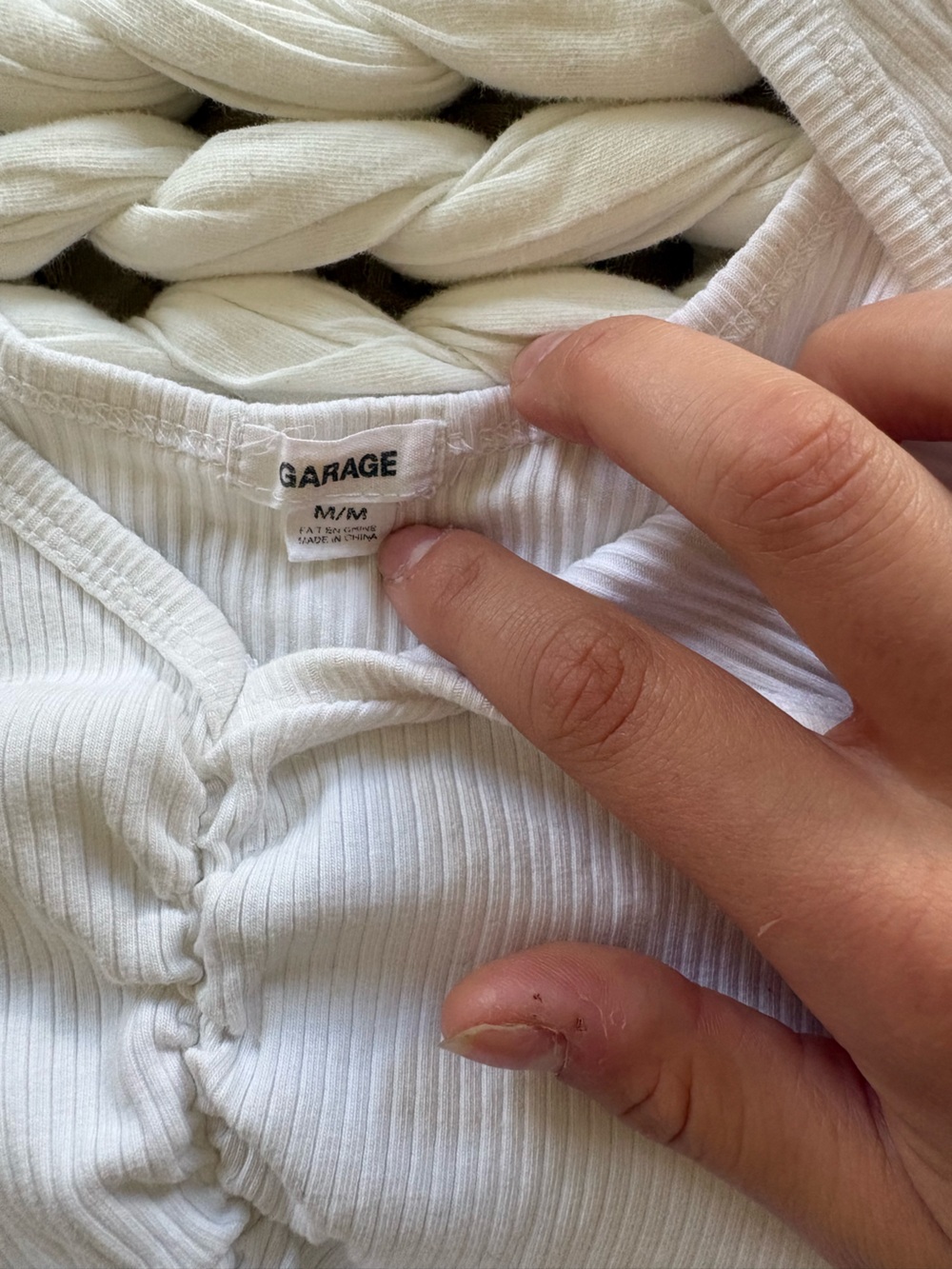 Garage White Ribbed V-Neck Cropped Tank with Front Ruching - Picture 2 of 2